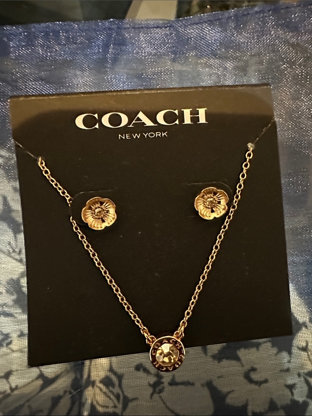 COACH Gold Floral Medallion Necklace with Matching Studs